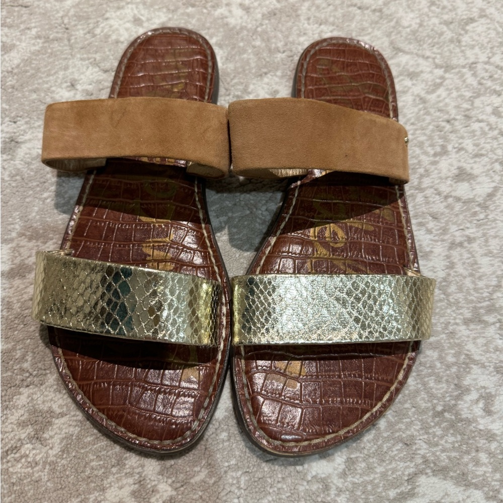 Sam Edelman Gold and Brown Double Strap Sandals